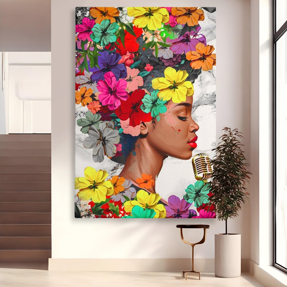Tablou canvas cu tablou canvas cu fata si flori, fara rama, pe sasiu de lemn